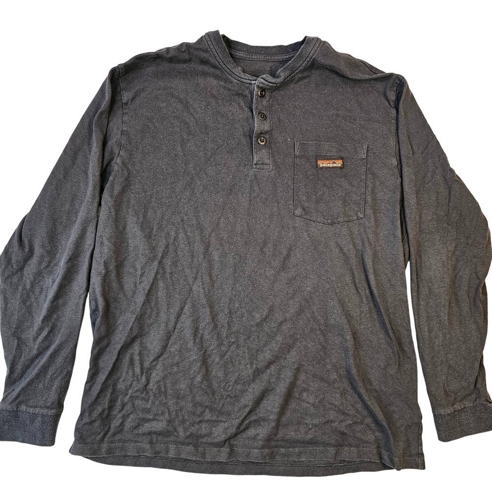 Patagonia Mens Long Sleeve Henley Shirt Gray Pocket Logo Large